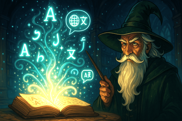 Magical spellbook with text in multiple languages floating out from its pages